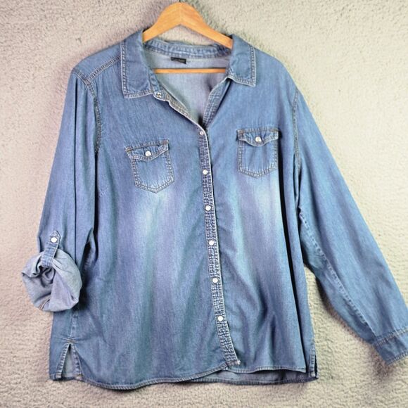 VTG Faded Glory Denim Shirt 3X Pearl Snap Roll Tab Western Y2K Cotton Side Slits - Picture 9 of 16